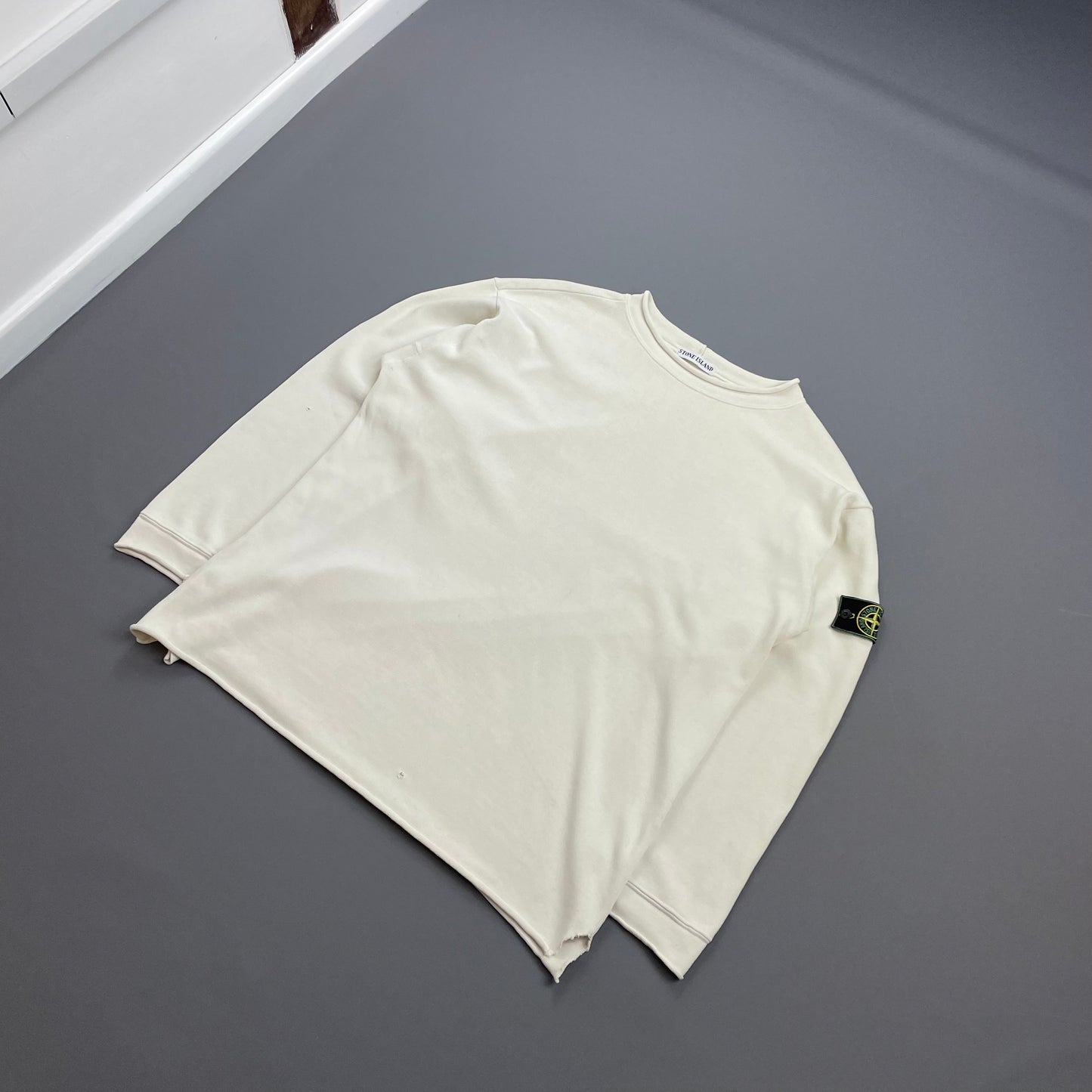 Stone Island Ivory White AW94 Raw-Edge Mockneck Heavy Cotton Green Edge Badge Jumper