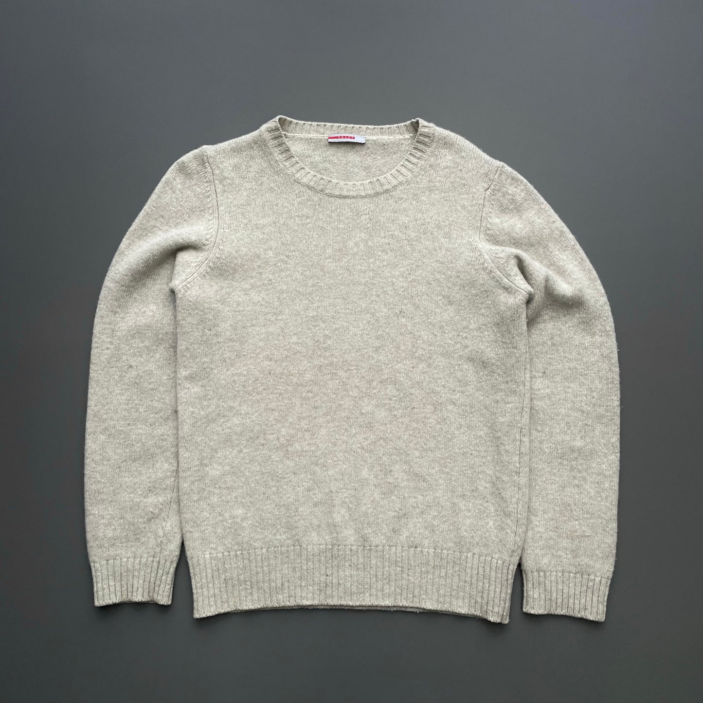 Prada Sport Grey Beige 00s Wool Knit Leather Patch Crewneck Jumper