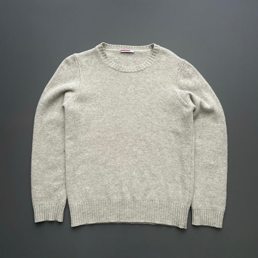 Prada Sport Grey Beige 00s Wool Knit Leather Patch Crewneck Jumper