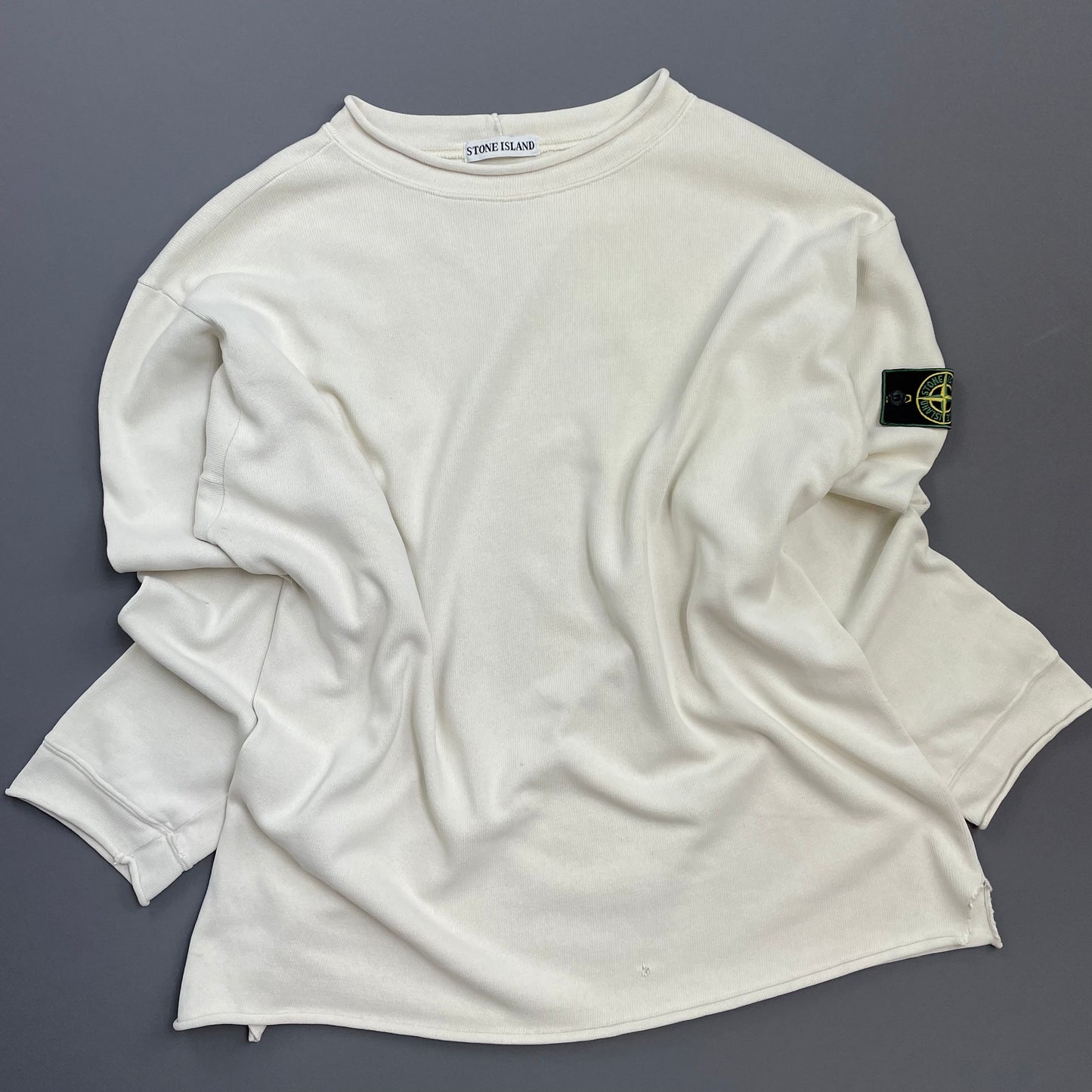 Stone Island Ivory White AW94 Raw-Edge Mockneck Heavy Cotton Green Edge Badge Jumper