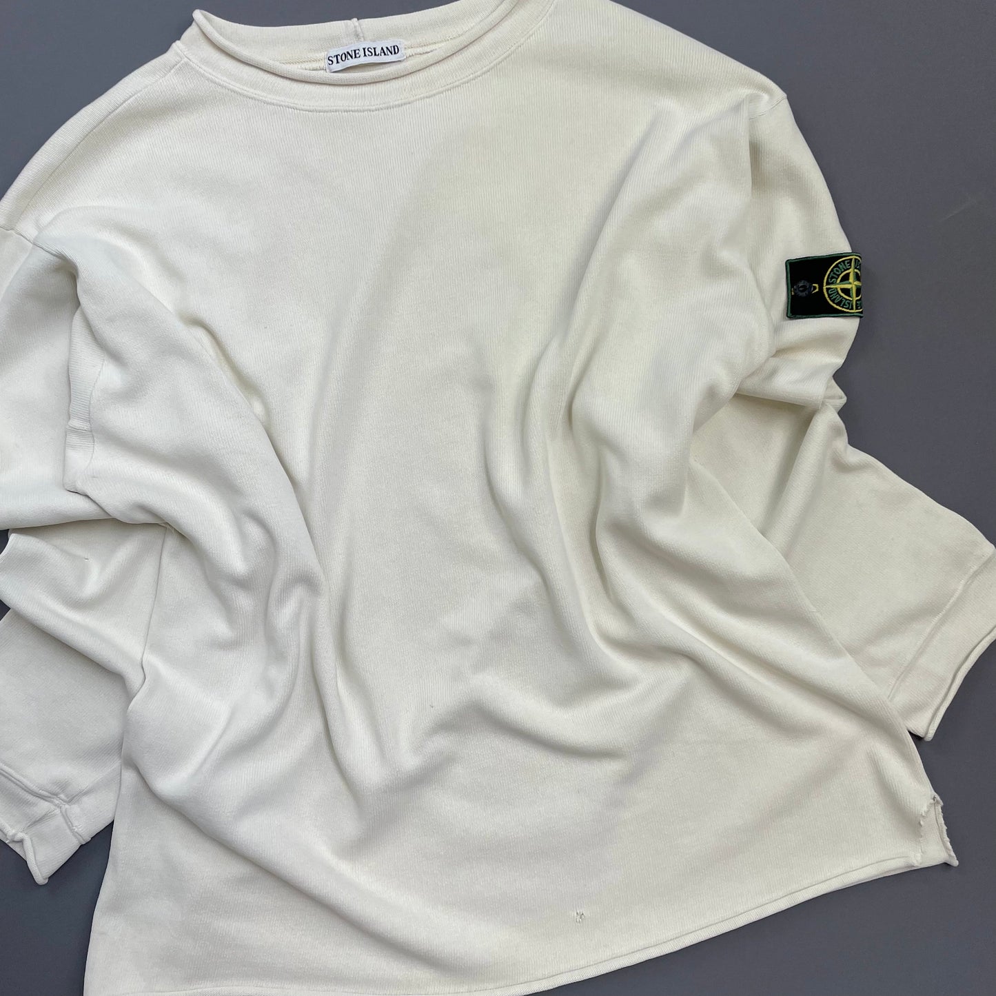 Stone Island Ivory White AW94 Raw-Edge Mockneck Heavy Cotton Green Edge Badge Jumper