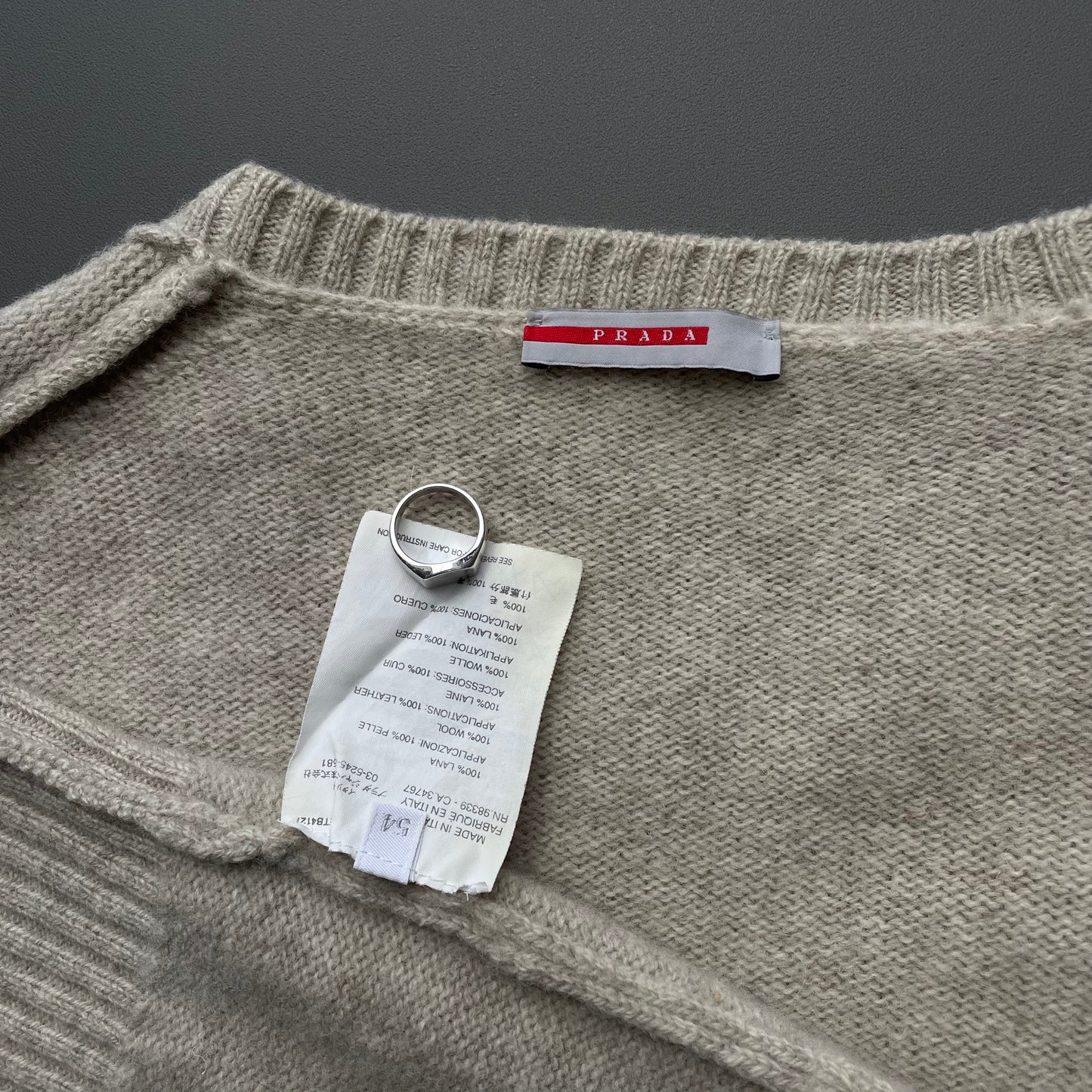 Prada Sport Grey Beige 00s Wool Knit Leather Patch Crewneck Jumper