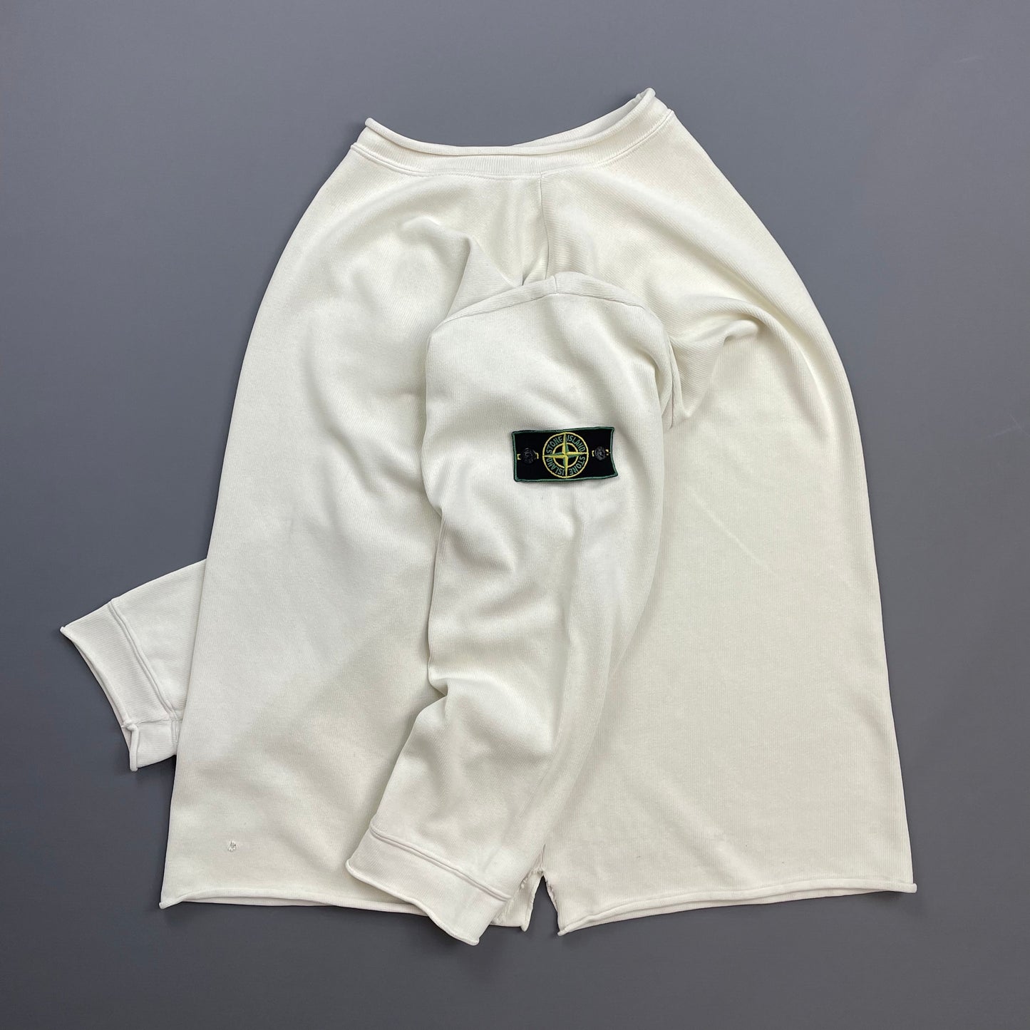 Stone Island Ivory White AW94 Raw-Edge Mockneck Heavy Cotton Green Edge Badge Jumper