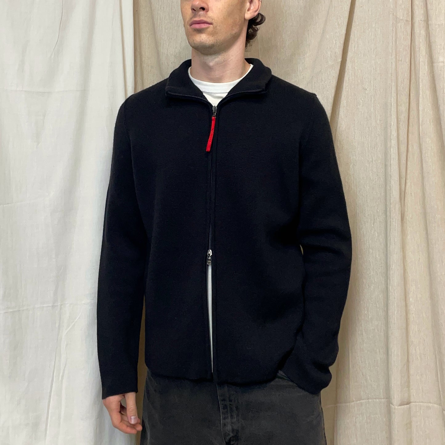 Prada Sport Black 00s Heavy Wool Knit Cardigan Jacket