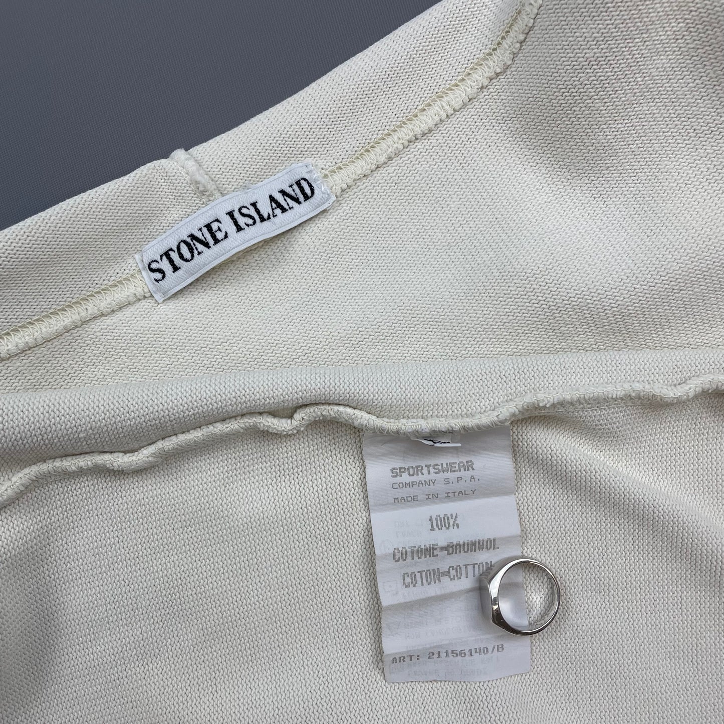 Stone Island Ivory White AW94 Raw-Edge Mockneck Heavy Cotton Green Edge Badge Jumper