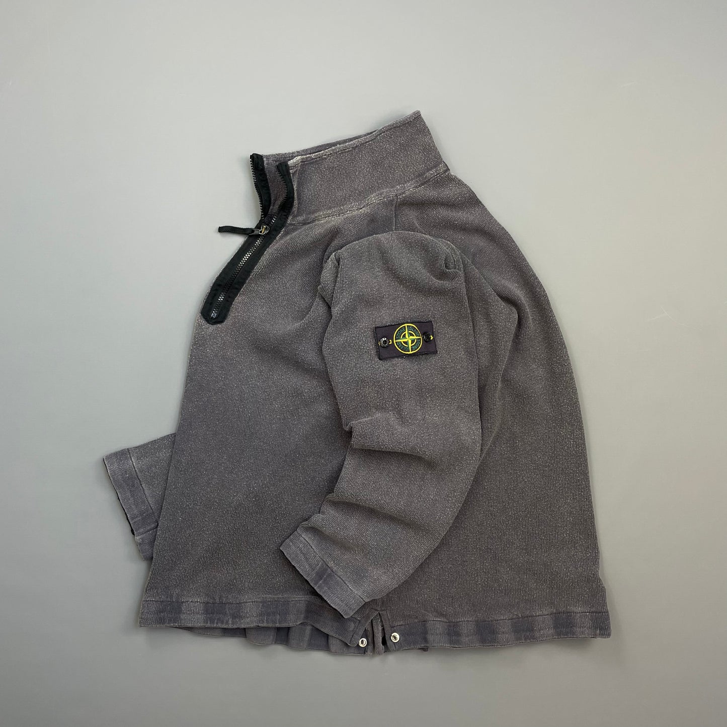 Stone Island Grey SS04 Cotton Half-Zip Snap-Button Hem Jumper