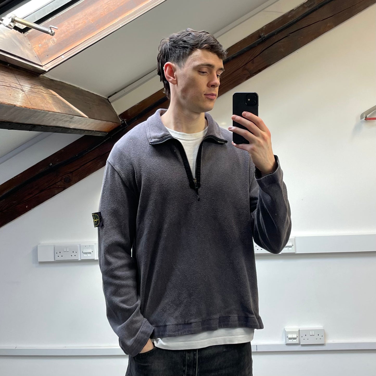 Stone Island Grey SS04 Cotton Half-Zip Snap-Button Hem Jumper