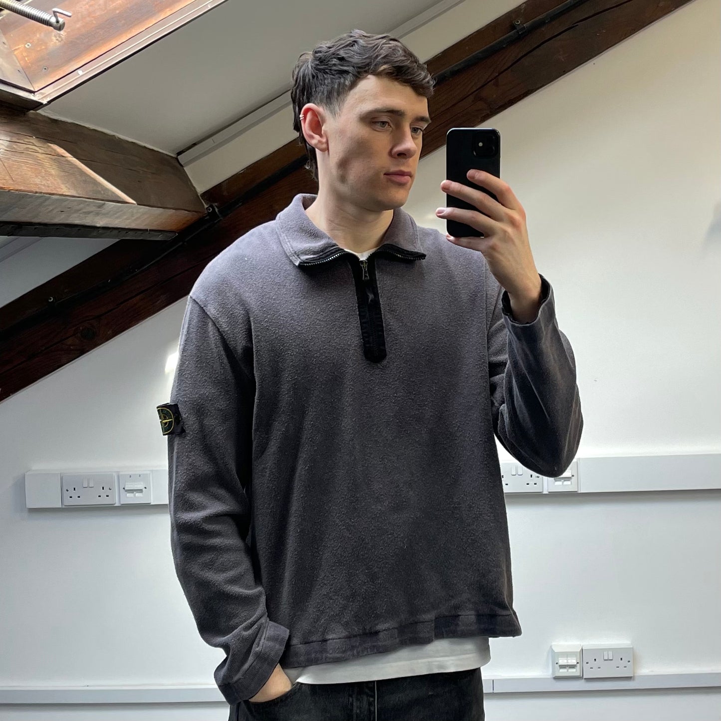 Stone Island Grey SS04 Cotton Half-Zip Snap-Button Hem Jumper