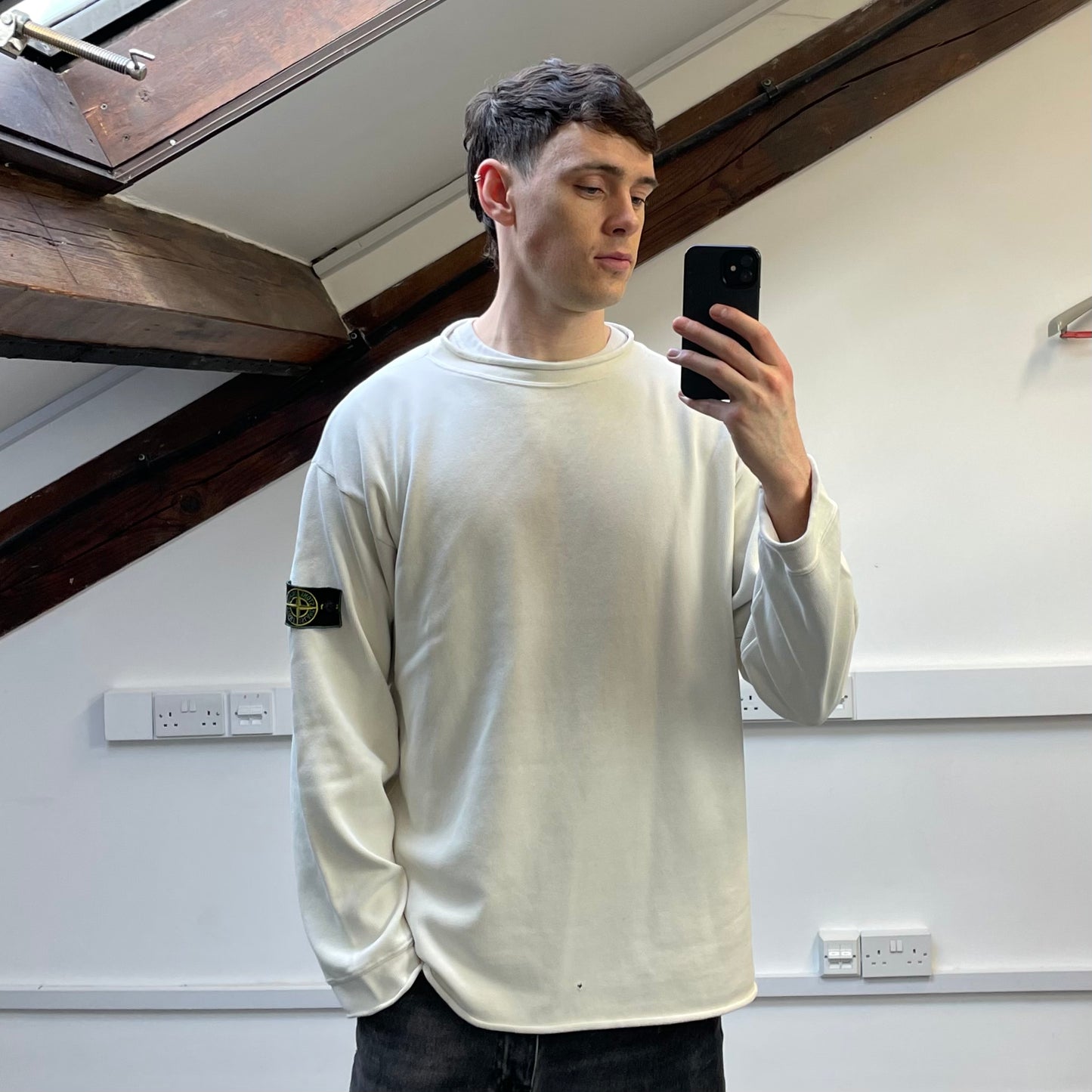Stone Island Ivory White AW94 Raw-Edge Mockneck Heavy Cotton Green Edge Badge Jumper