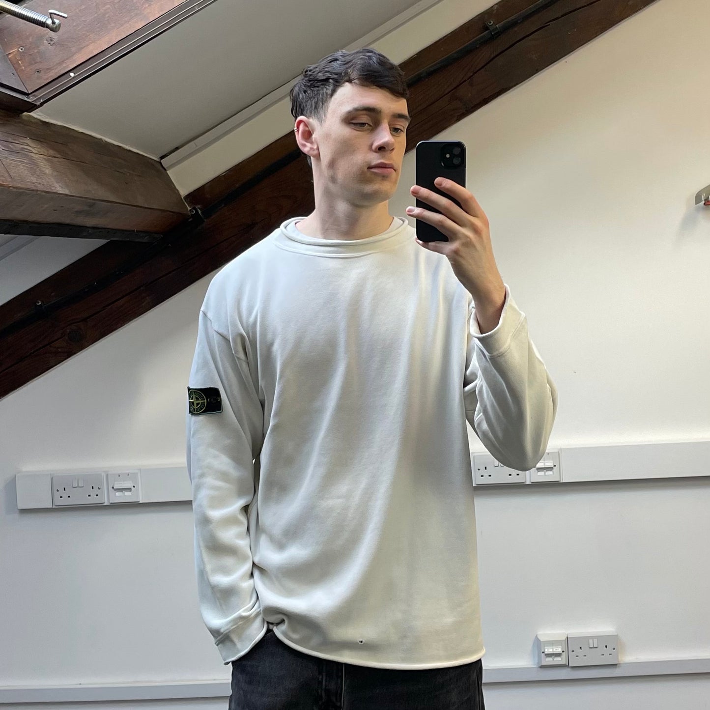 Stone Island Ivory White AW94 Raw-Edge Mockneck Heavy Cotton Green Edge Badge Jumper
