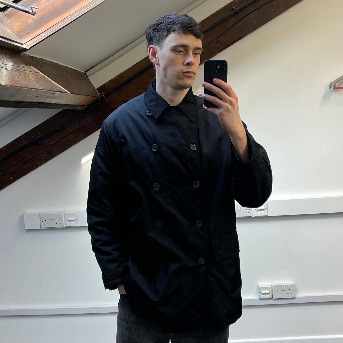 Prada Milano Black 90s Nylon Padded Button-Up Peacoat