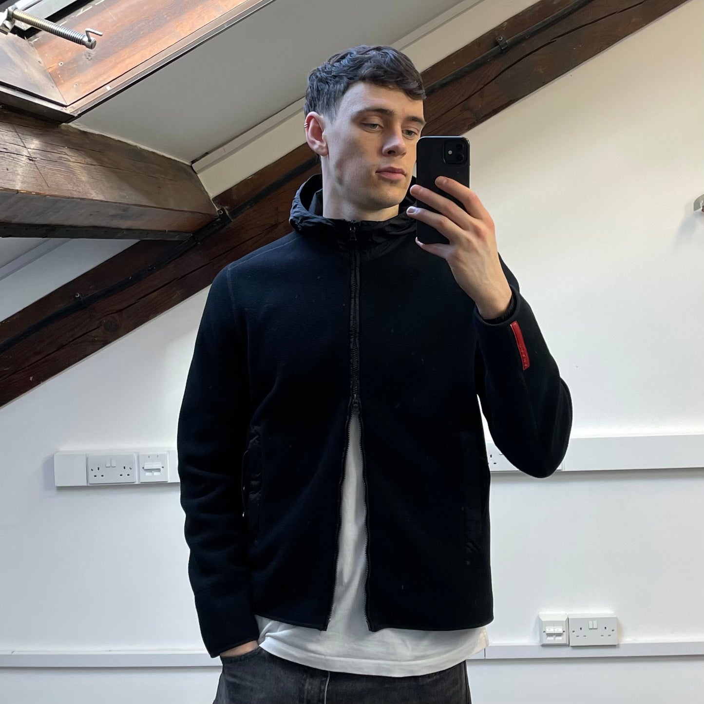 Prada Sport 00s Black Nylon Hood Zip-Through Technical Fleece Jacket