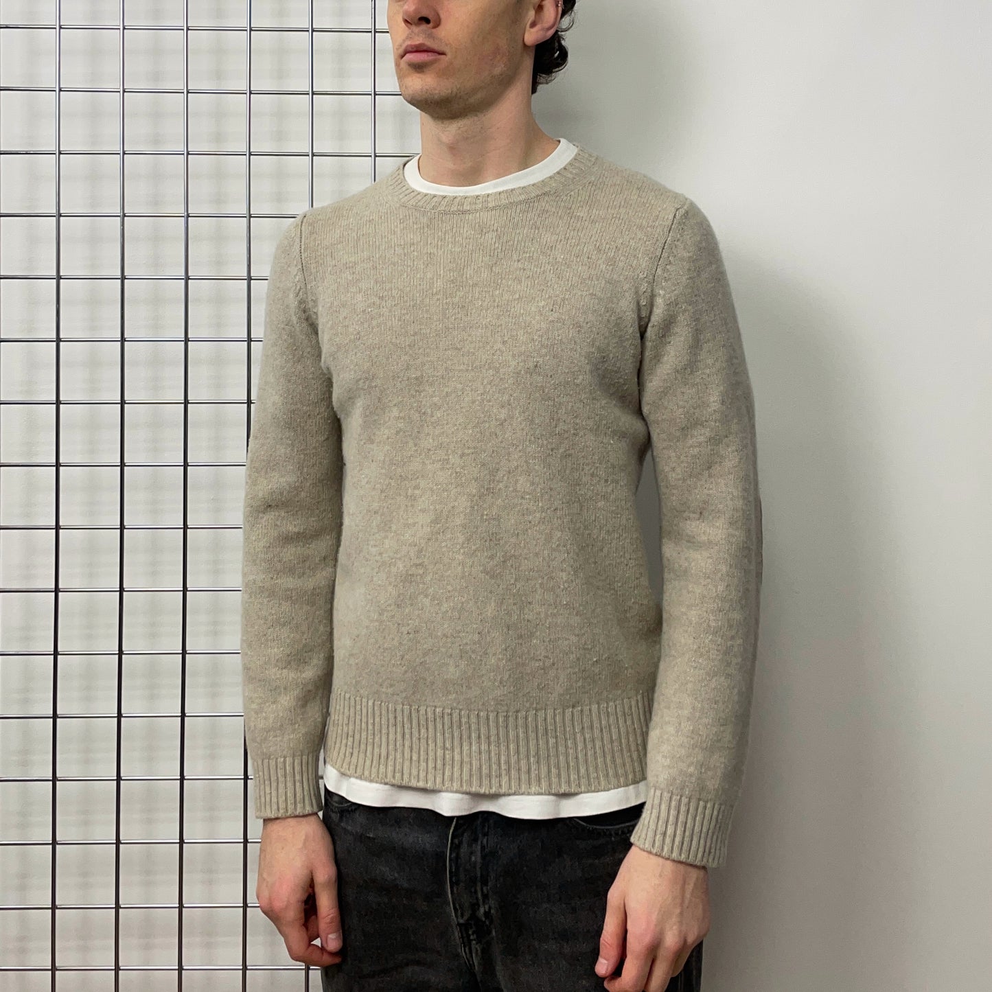 Prada Sport Grey Beige 00s Wool Knit Leather Patch Crewneck Jumper