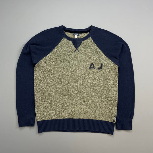 Armani Beige & Navy 00s Raglan Sleeve Wool Knit Jumper