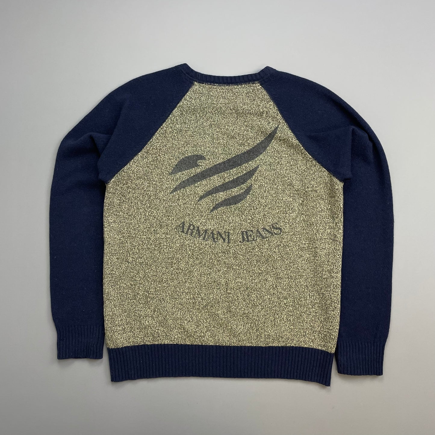 Armani Beige & Navy 00s Raglan Sleeve Wool Knit Jumper