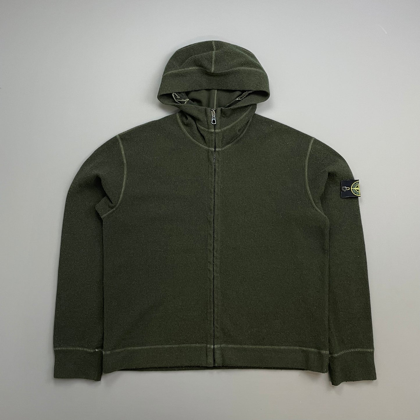 Stone Island Forest Green AW03 Wool-Blend Contrast Stitch Knit Hooded Jacket