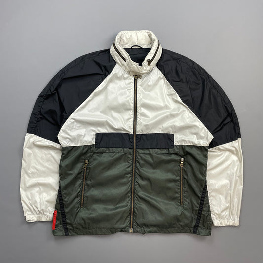 Prada Sport White Black & Green 2008 Lightweight Concealed Hood Nylon Windbreaker Jacket