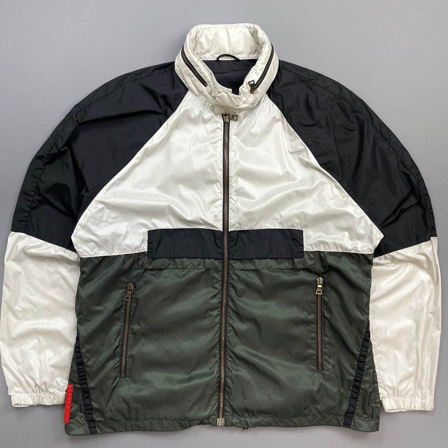 Prada Sport White Black & Green 2008 Lightweight Concealed Hood Nylon Windbreaker Jacket