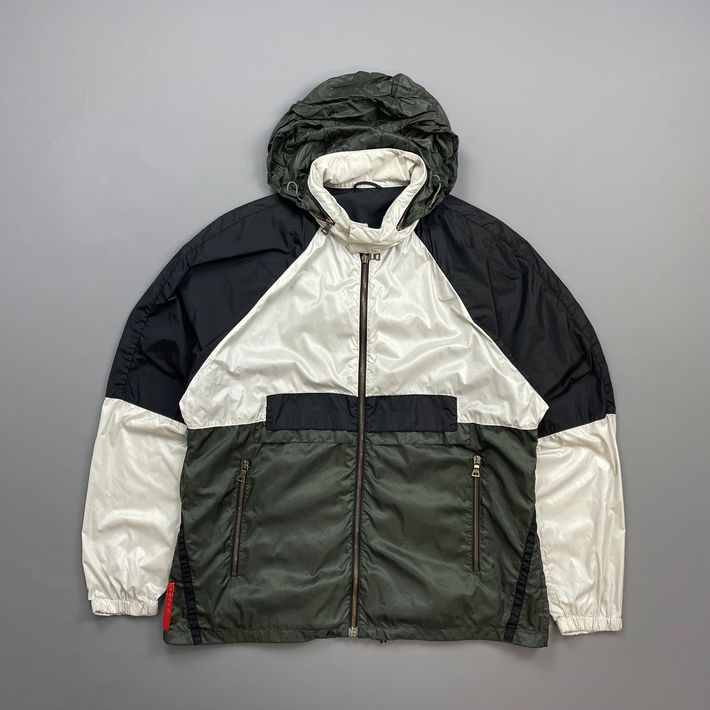 Prada Sport White Black & Green 2008 Lightweight Concealed Hood Nylon Windbreaker Jacket