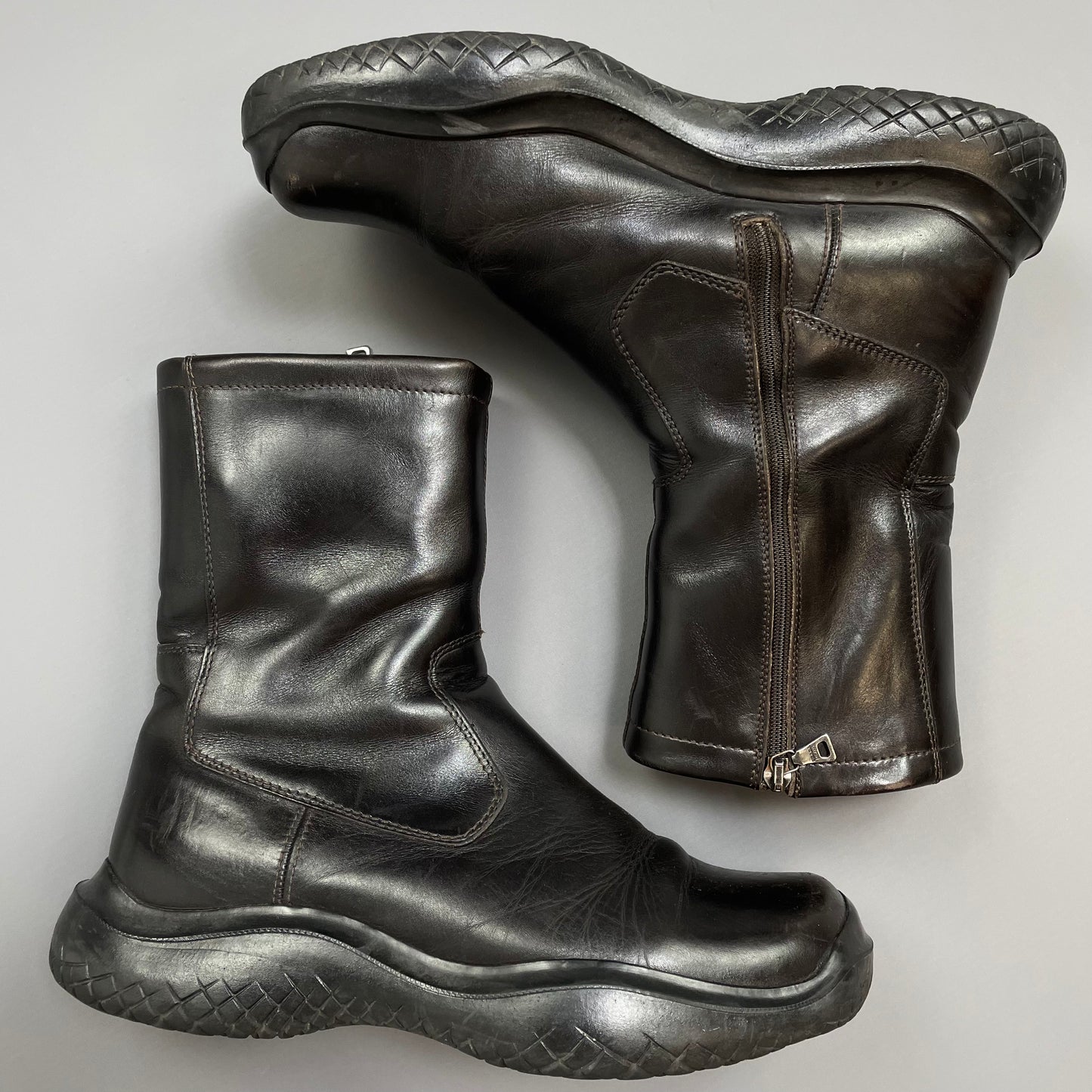 Prada Sport Black FW99 Leather Vibram Sole Zip-Up Biker Boots