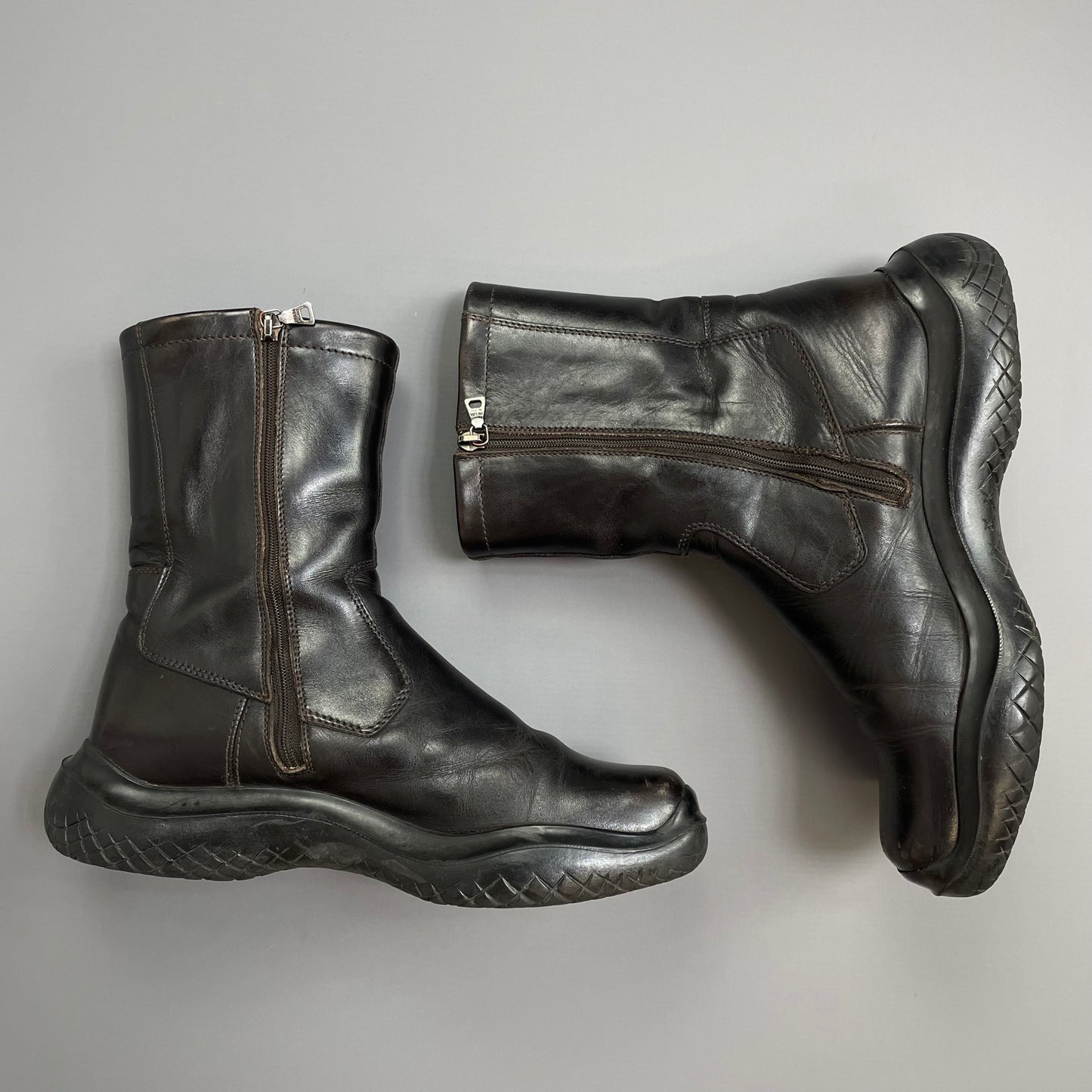 Prada Sport Black FW99 Leather Vibram Sole Zip-Up Biker Boots