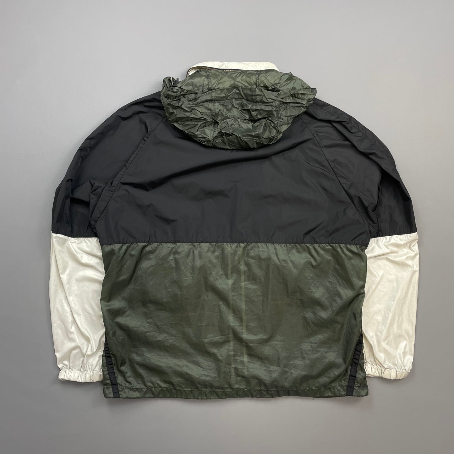 Prada Sport White Black & Green 2008 Lightweight Concealed Hood Nylon Windbreaker Jacket