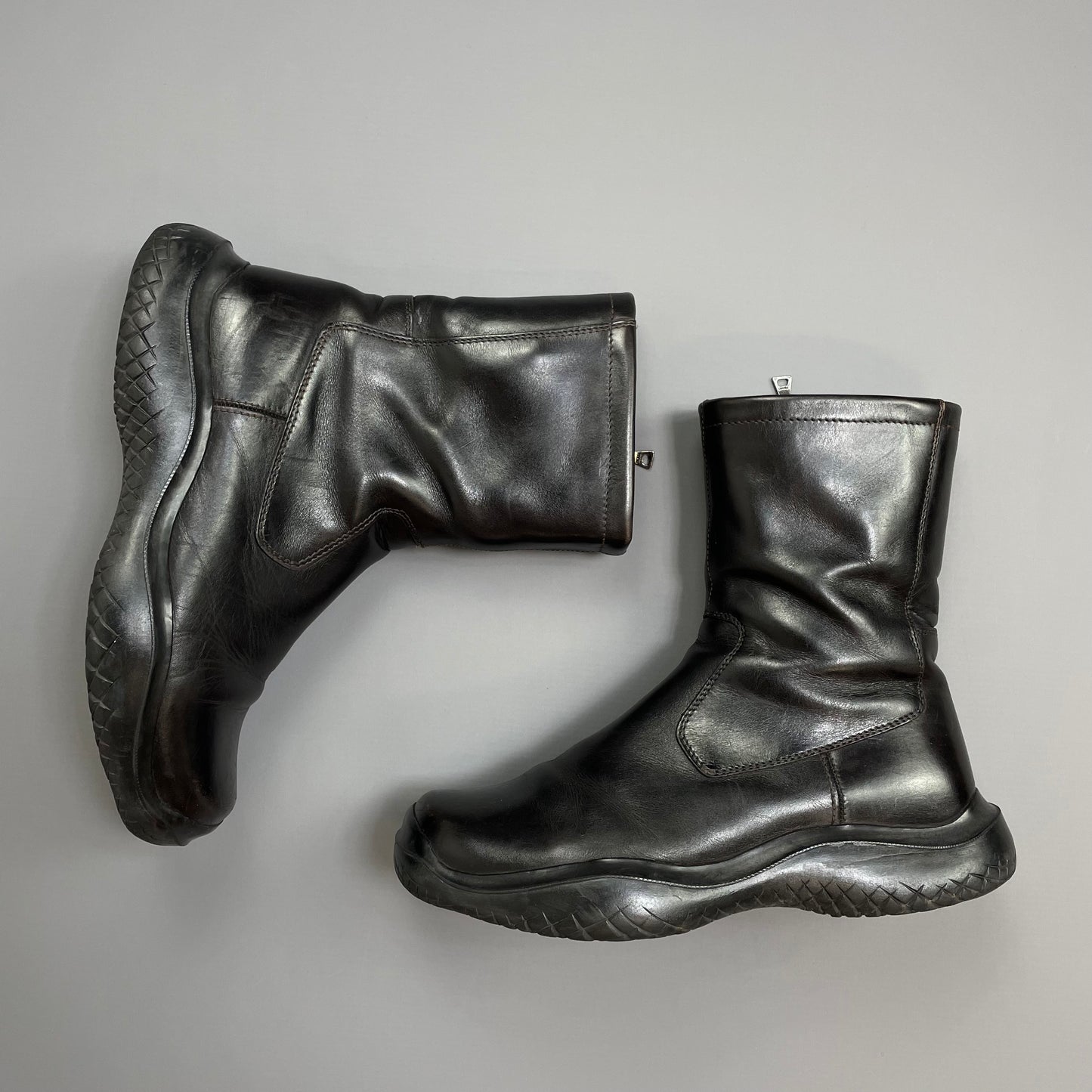 Prada Sport Black FW99 Leather Vibram Sole Zip-Up Biker Boots