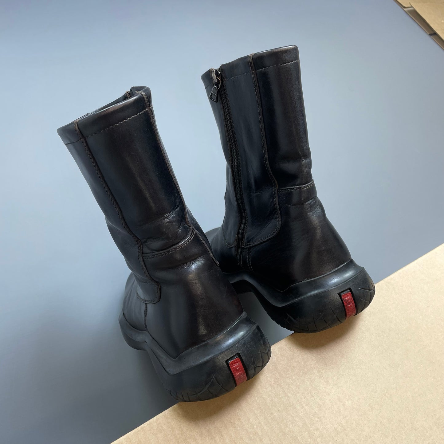 Prada Sport Black FW99 Leather Vibram Sole Zip-Up Biker Boots