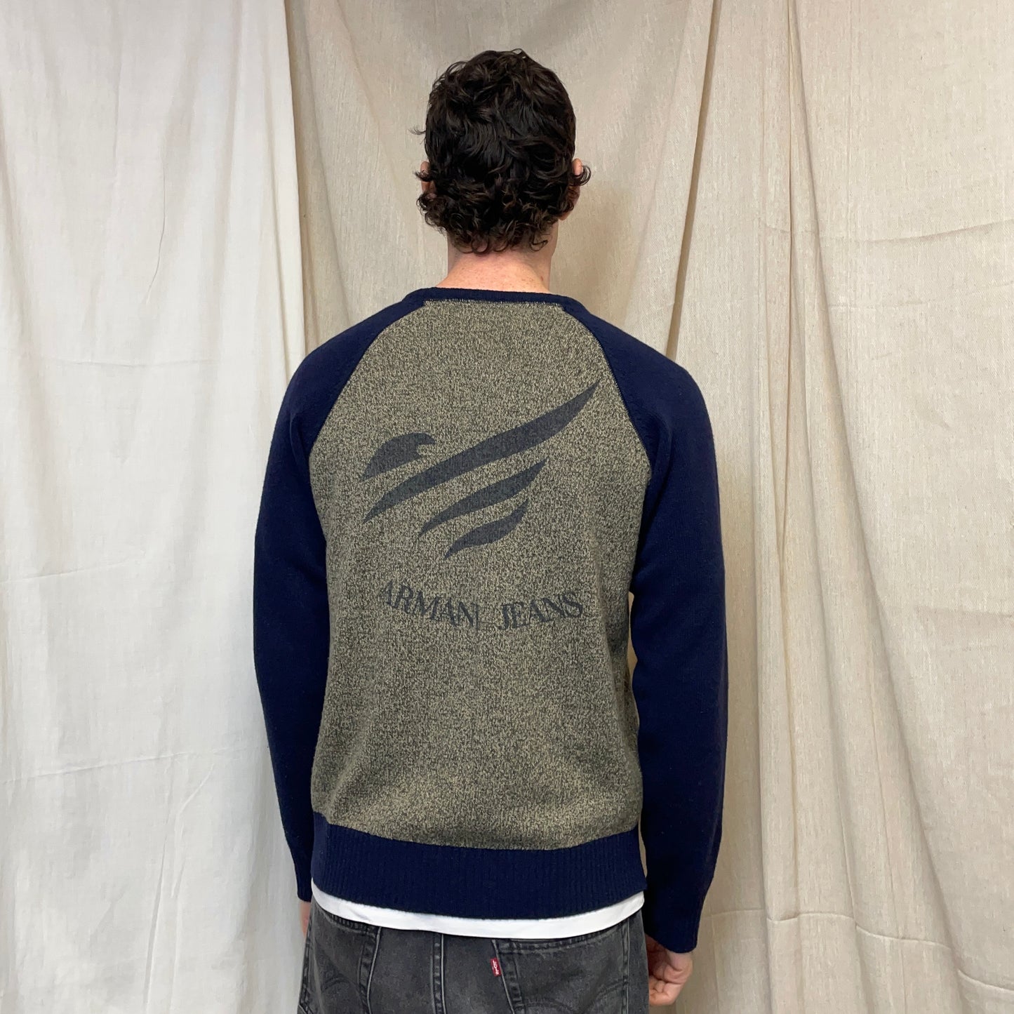 Armani Beige & Navy 00s Raglan Sleeve Wool Knit Jumper