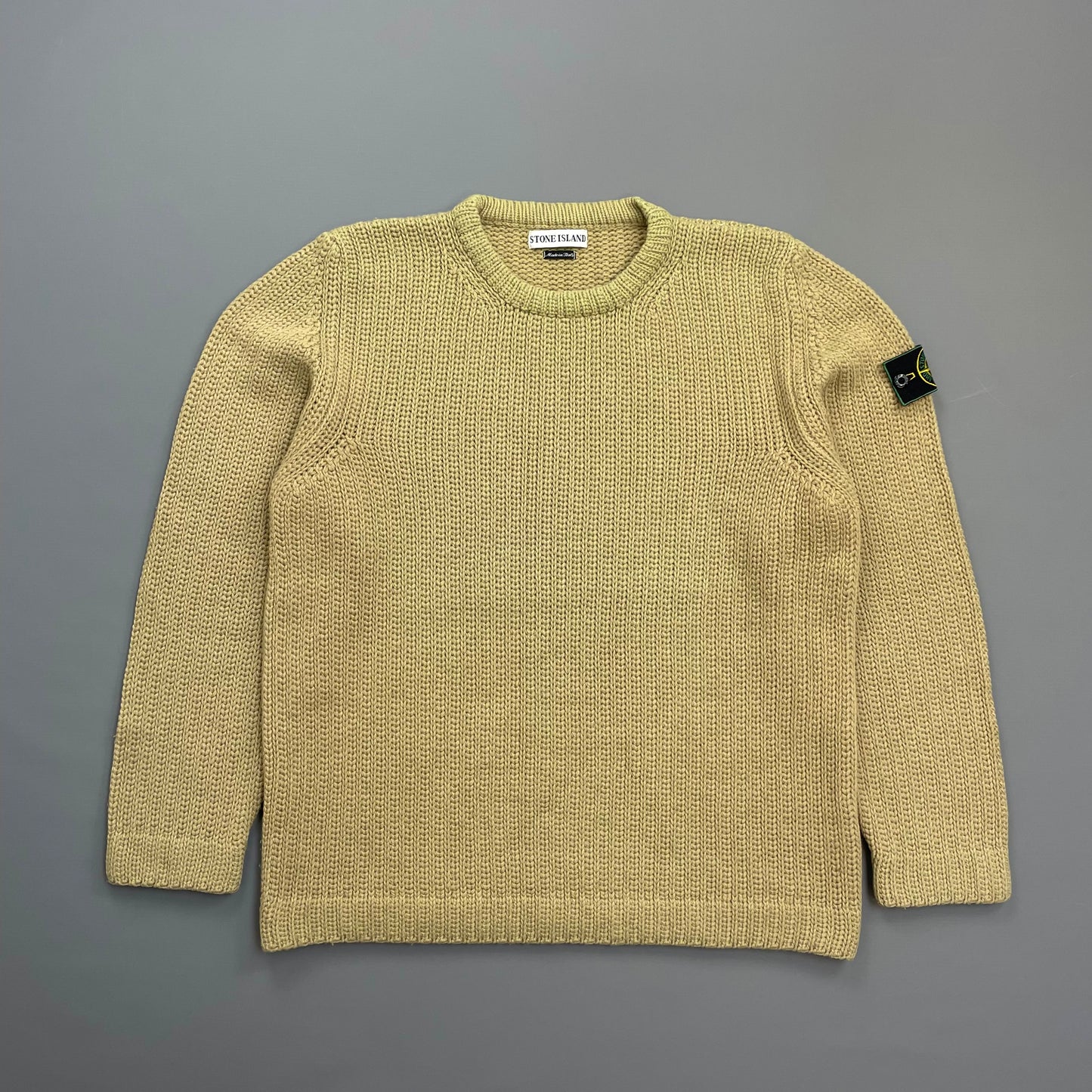 Stone Island Beige AW97 Chunky Wool Knit Green Edge Badge Crewneck Jumper