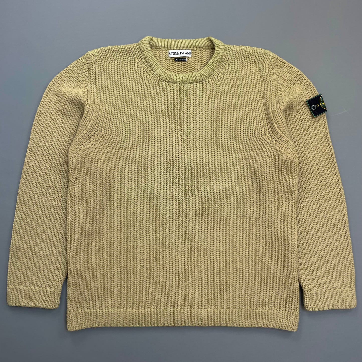 Stone Island Beige AW97 Chunky Wool Knit Green Edge Badge Crewneck Jumper