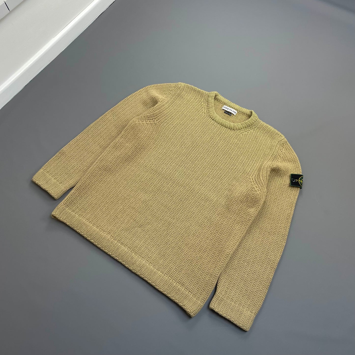 Stone Island Beige AW97 Chunky Wool Knit Green Edge Badge Crewneck Jumper