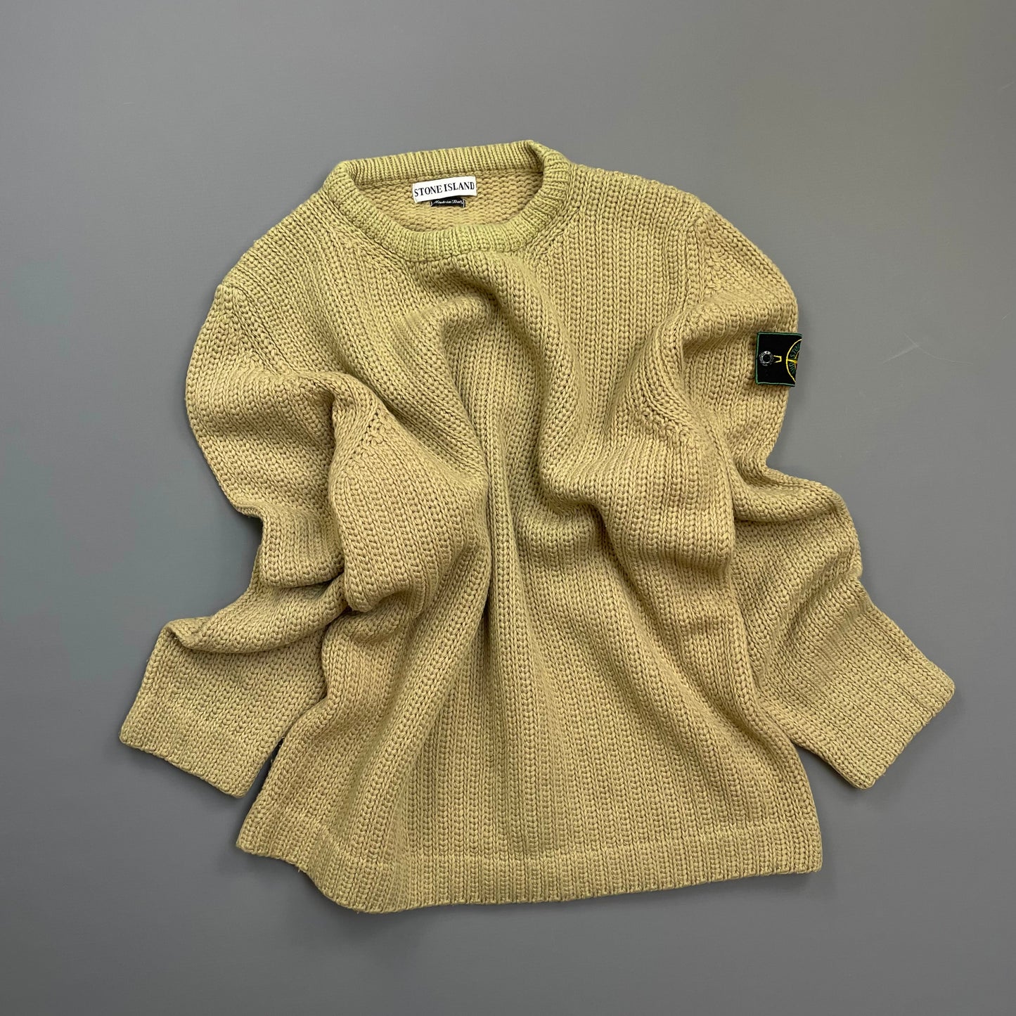 Stone Island Beige AW97 Chunky Wool Knit Green Edge Badge Crewneck Jumper