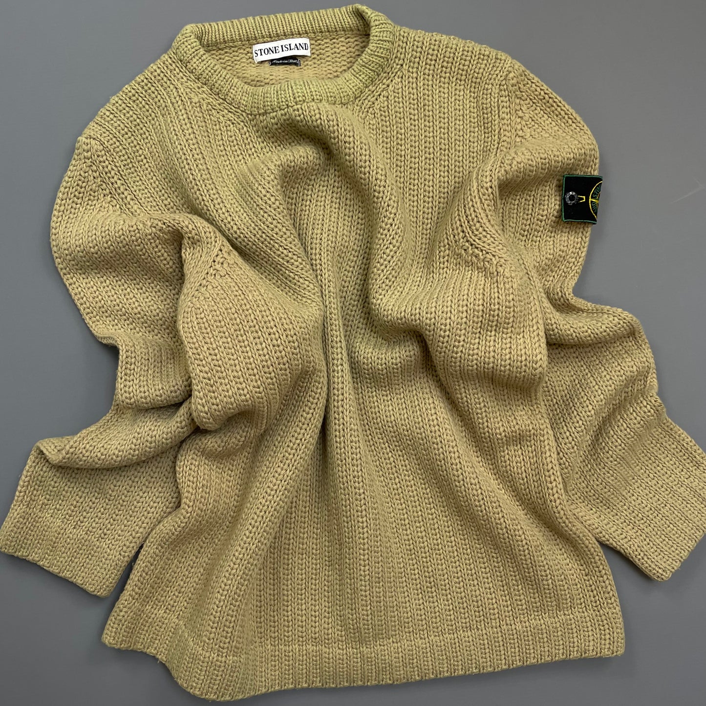Stone Island Beige AW97 Chunky Wool Knit Green Edge Badge Crewneck Jumper