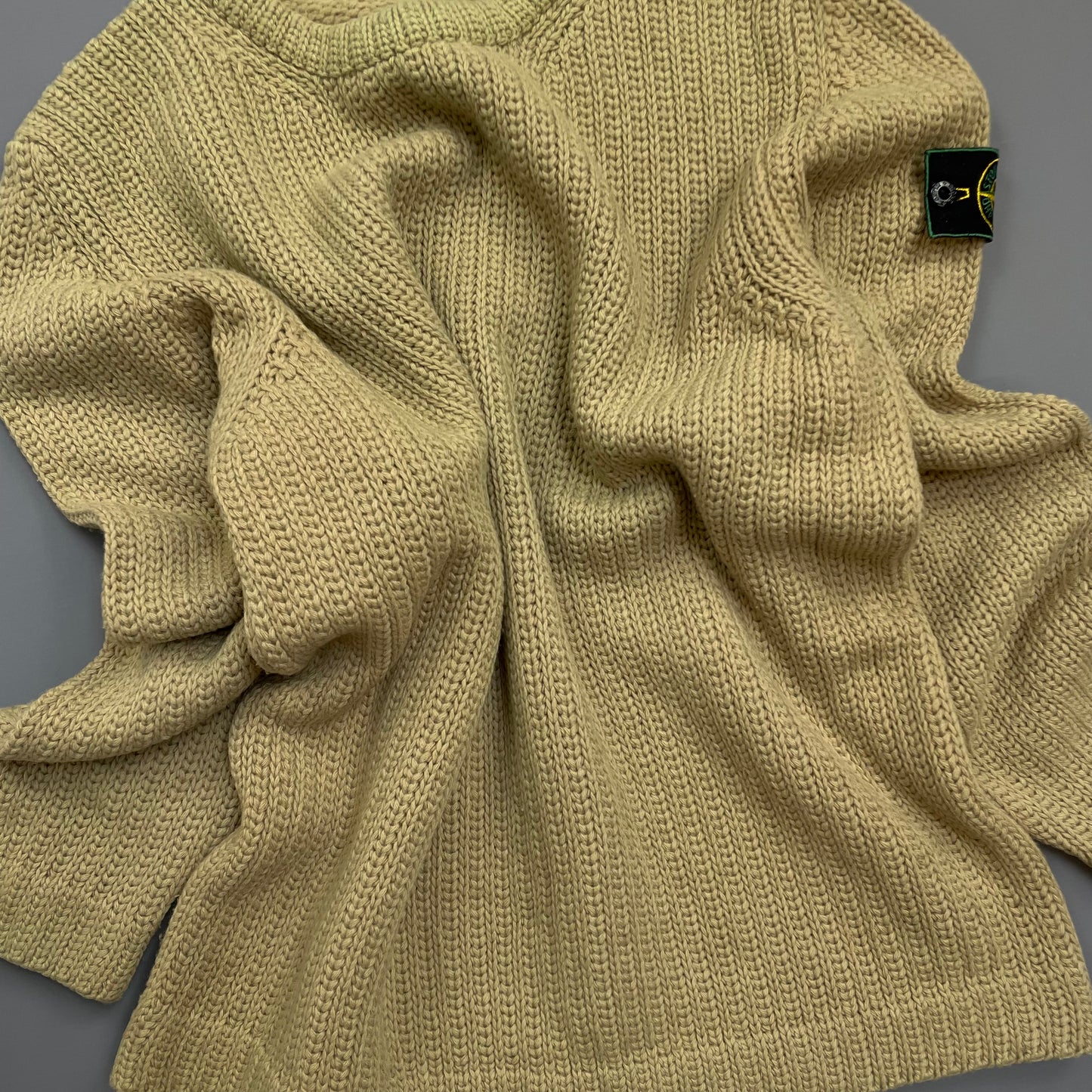 Stone Island Beige AW97 Chunky Wool Knit Green Edge Badge Crewneck Jumper