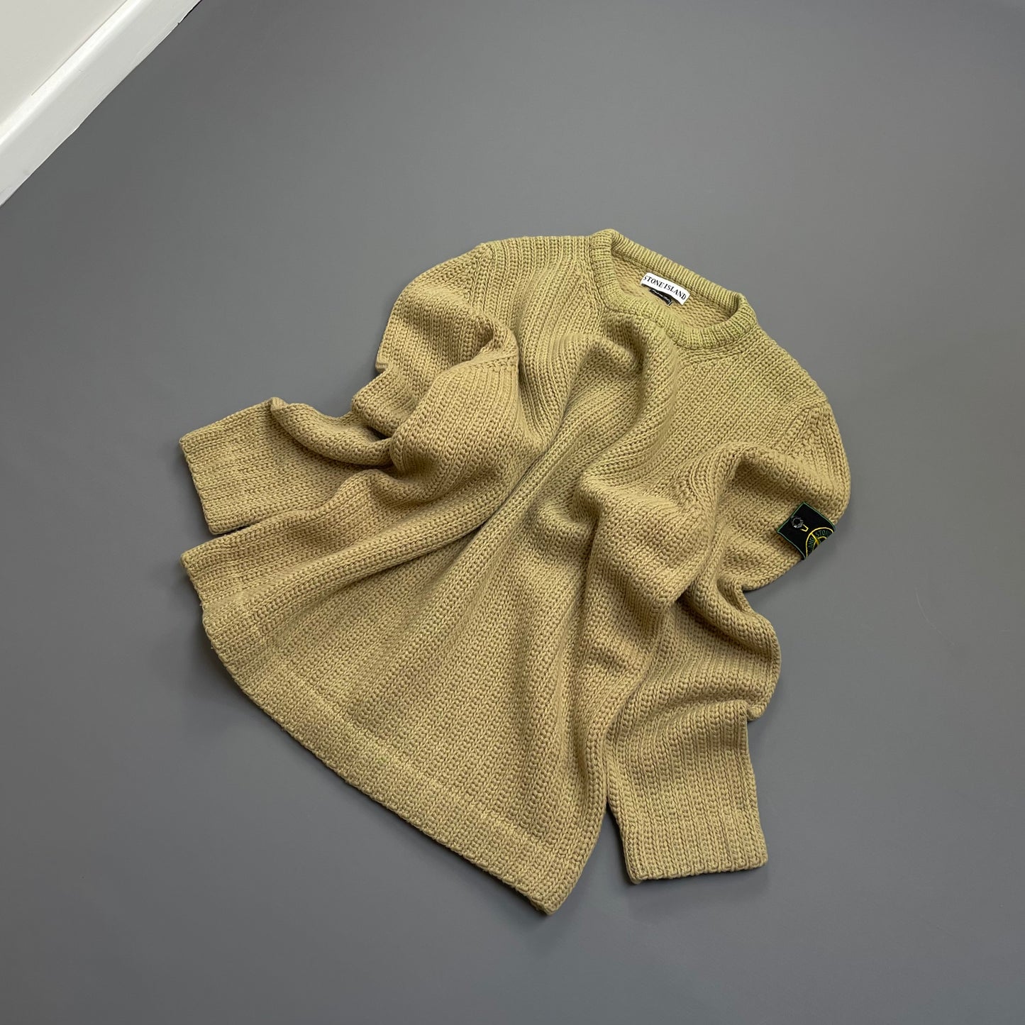 Stone Island Beige AW97 Chunky Wool Knit Green Edge Badge Crewneck Jumper