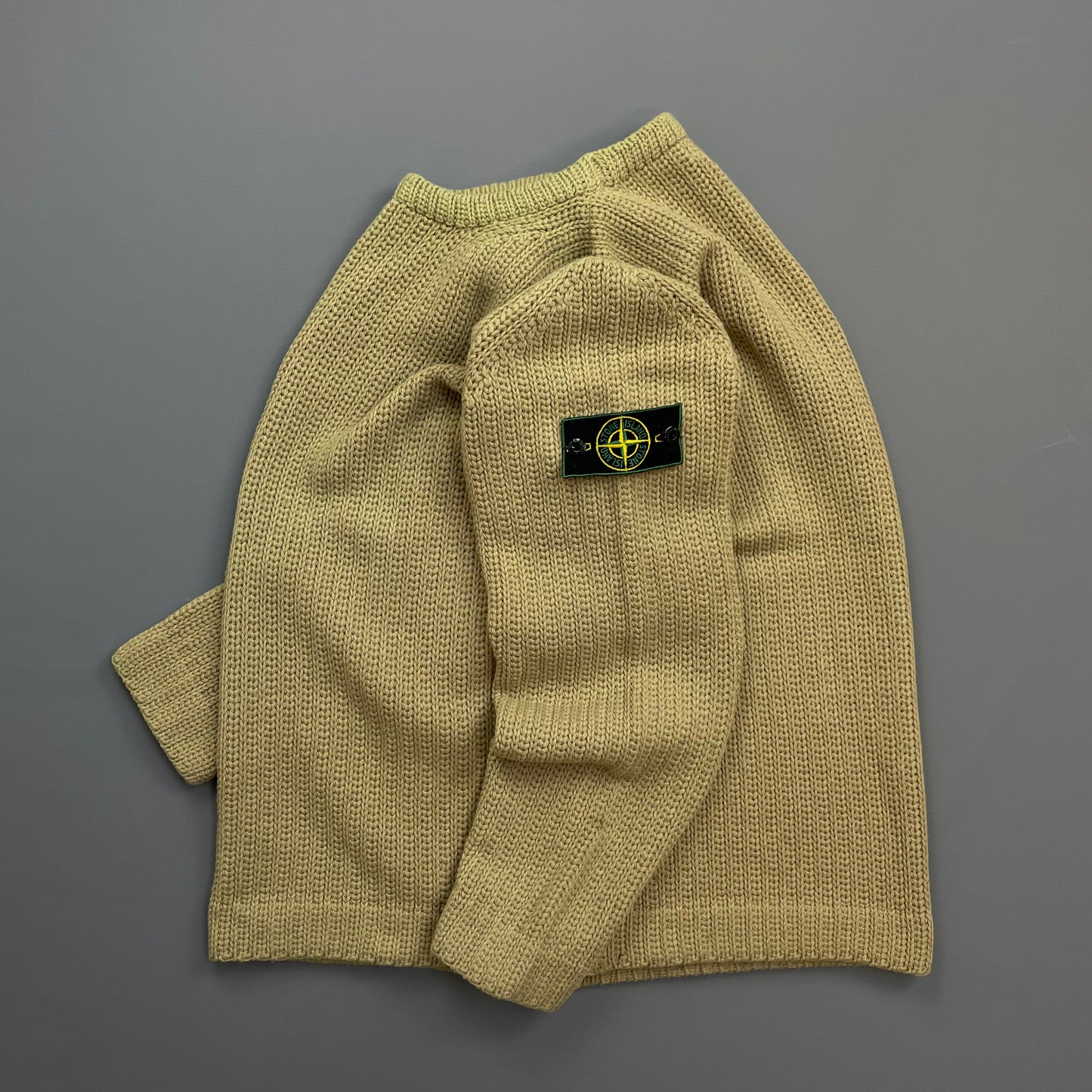 Stone Island Beige AW97 Chunky Wool Knit Green Edge Badge Crewneck Jumper