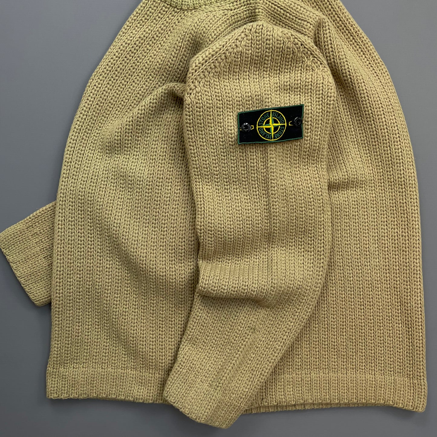 Stone Island Beige AW97 Chunky Wool Knit Green Edge Badge Crewneck Jumper