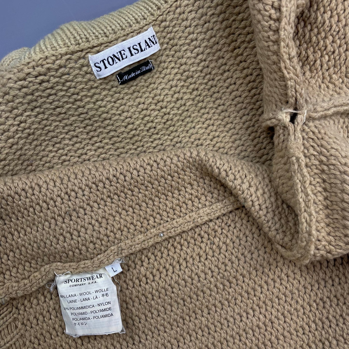 Stone Island Beige AW97 Chunky Wool Knit Green Edge Badge Crewneck Jumper