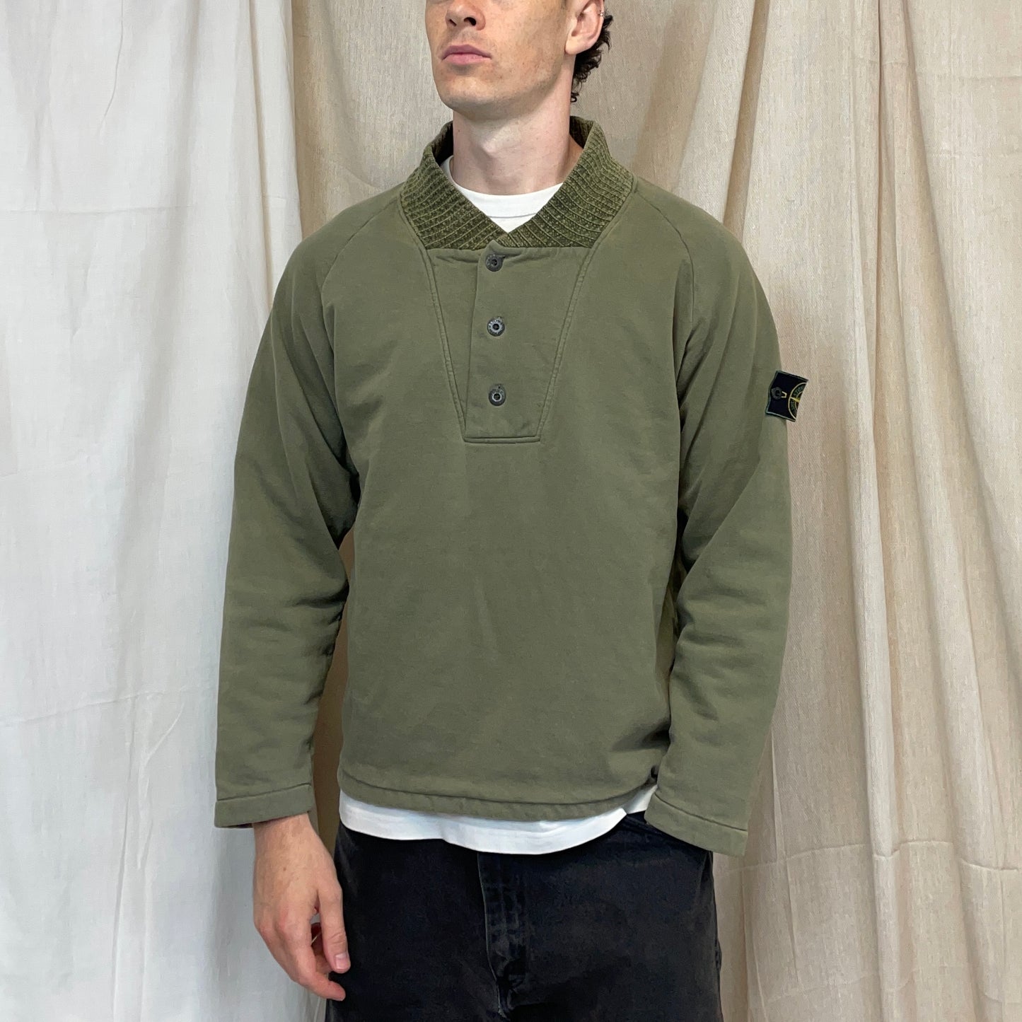 Stone Island Green AW95 Chenille Button-Up Collar Jumper