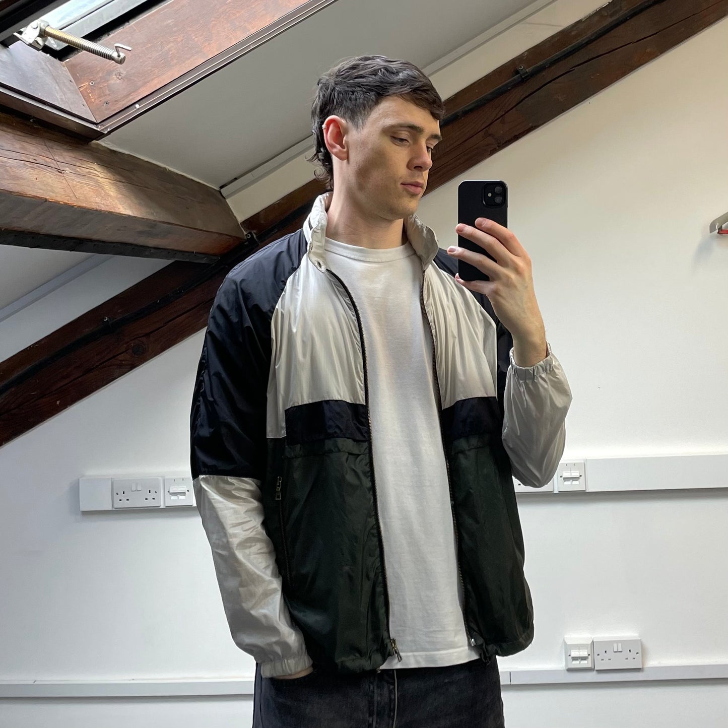 Prada Sport White Black & Green 2008 Lightweight Concealed Hood Nylon Windbreaker Jacket