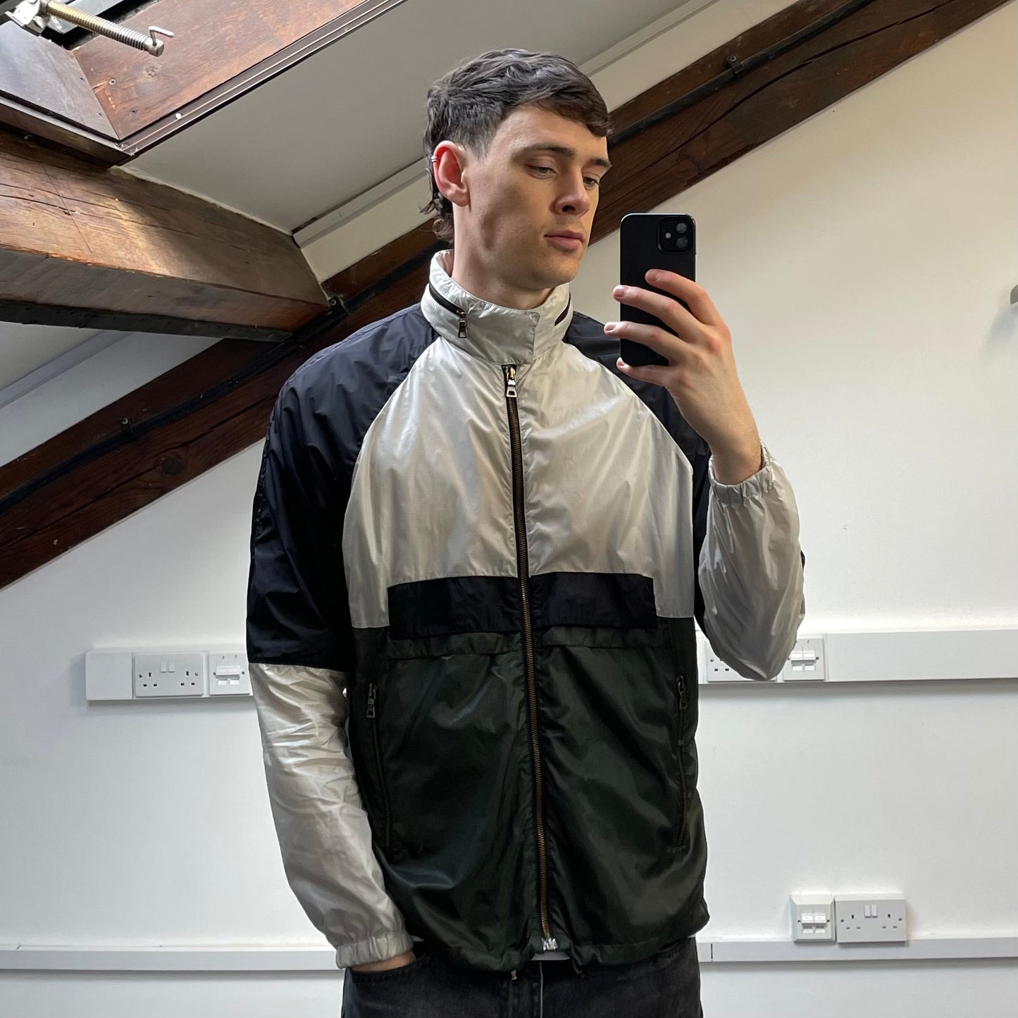 Prada Sport White Black & Green 2008 Lightweight Concealed Hood Nylon Windbreaker Jacket
