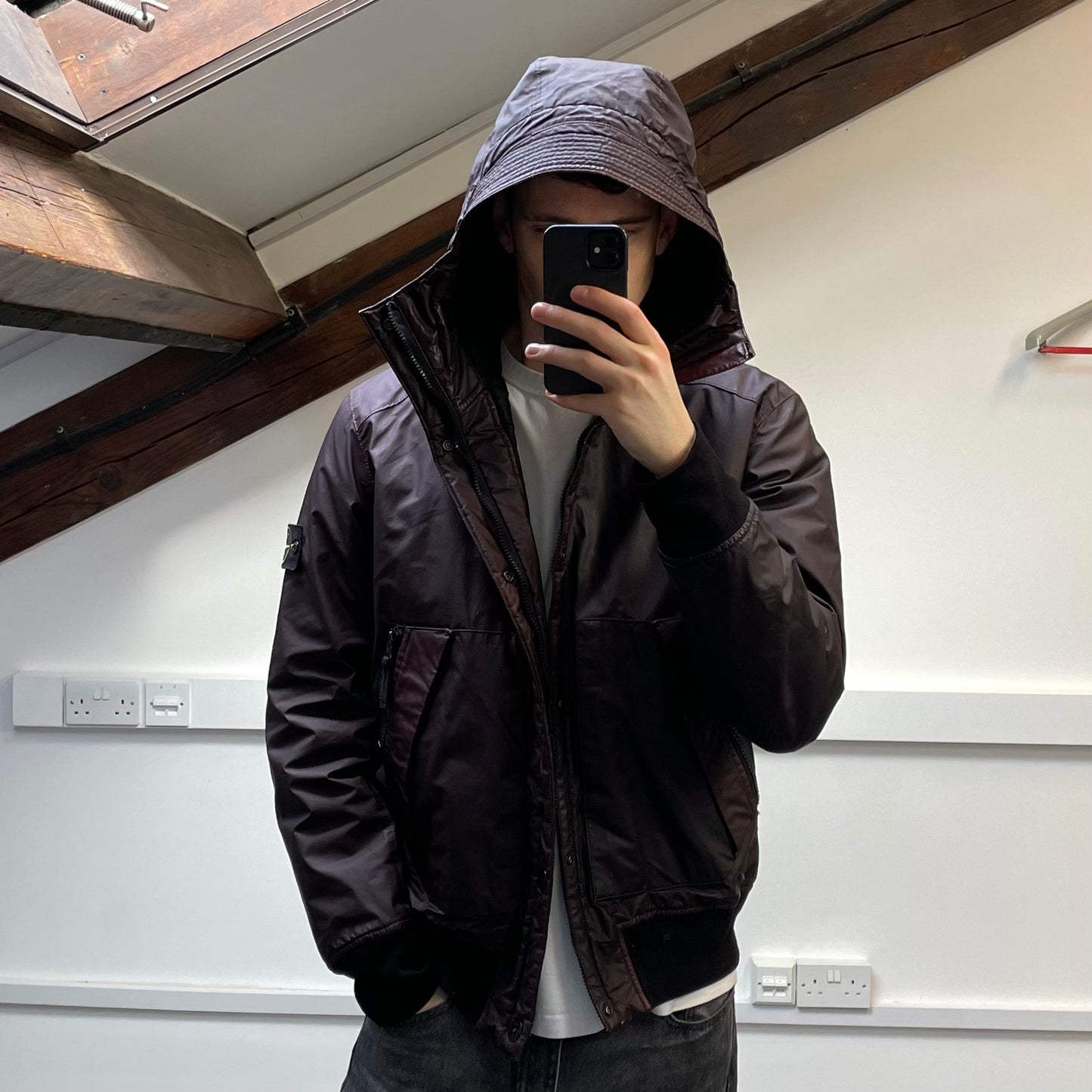 Stone Island Burgundy AW13 Quilted Mussola Gommata Hooded Jacket