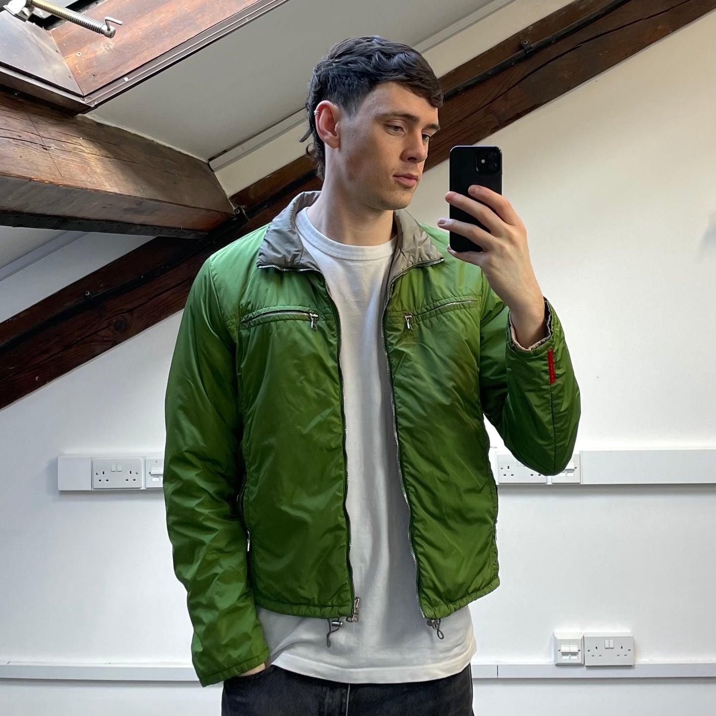 Prada Sport Grey & Green Reversible Padded Nylon Harrington Jacket