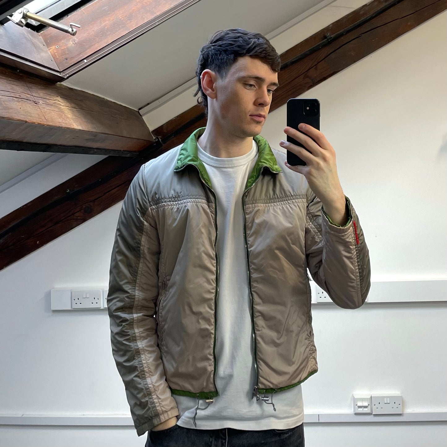 Prada Sport Grey & Green Reversible Padded Nylon Harrington Jacket
