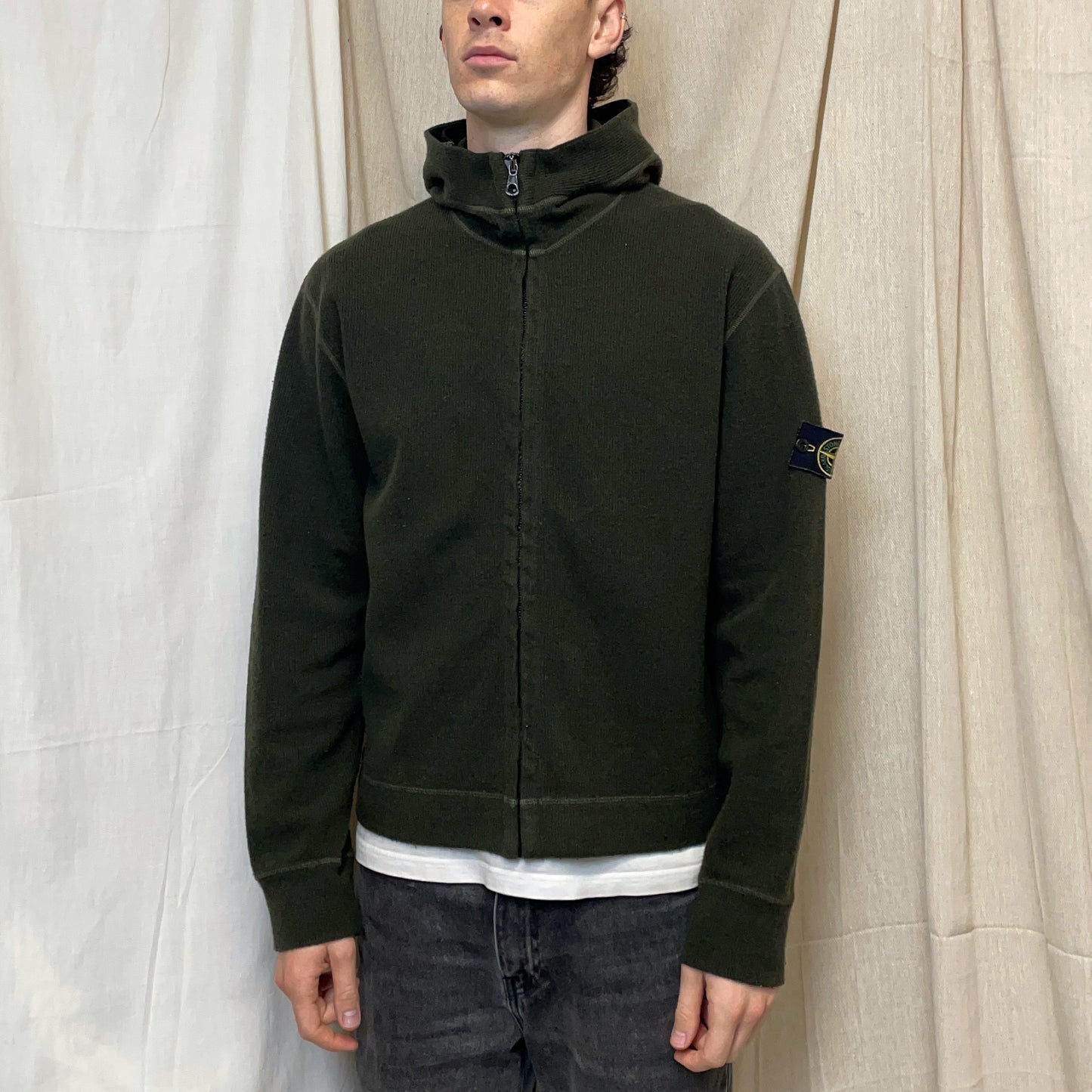 Stone Island Forest Green AW03 Wool-Blend Contrast Stitch Knit Hooded Jacket