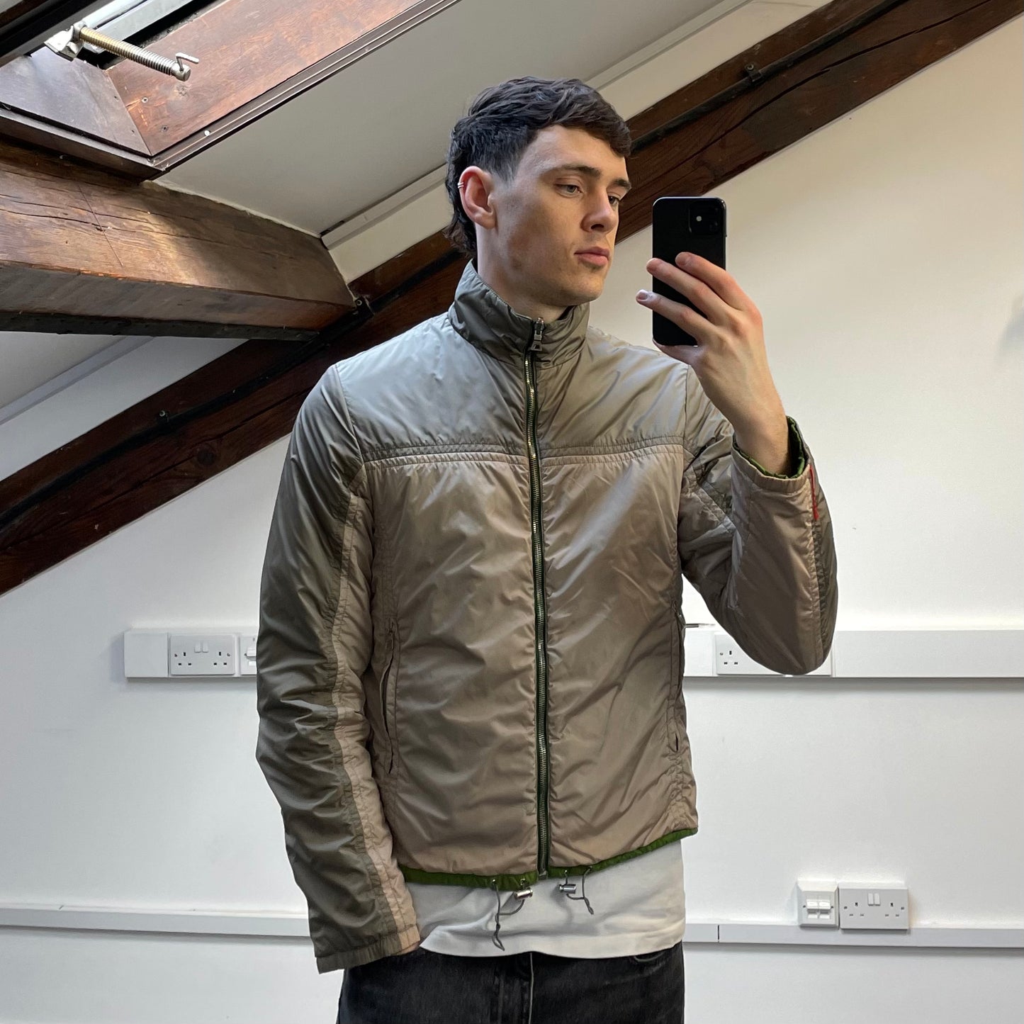 Prada Sport Grey & Green Reversible Padded Nylon Harrington Jacket