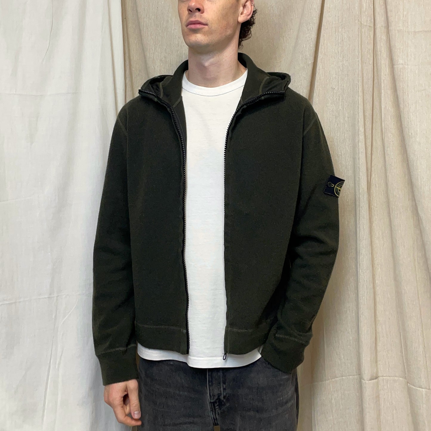 Stone Island Forest Green AW03 Wool-Blend Contrast Stitch Knit Hooded Jacket