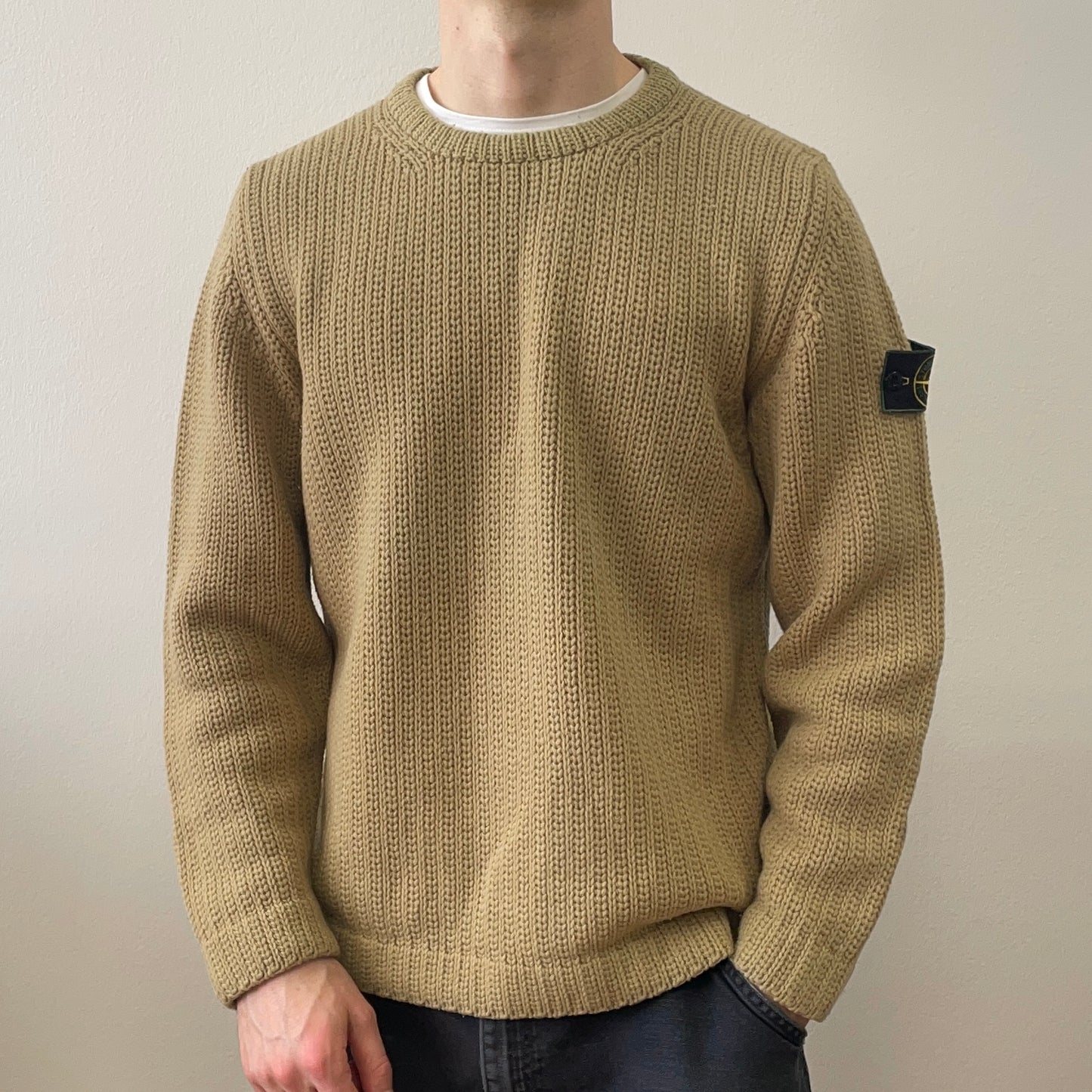 Stone Island Beige AW97 Chunky Wool Knit Green Edge Badge Crewneck Jumper