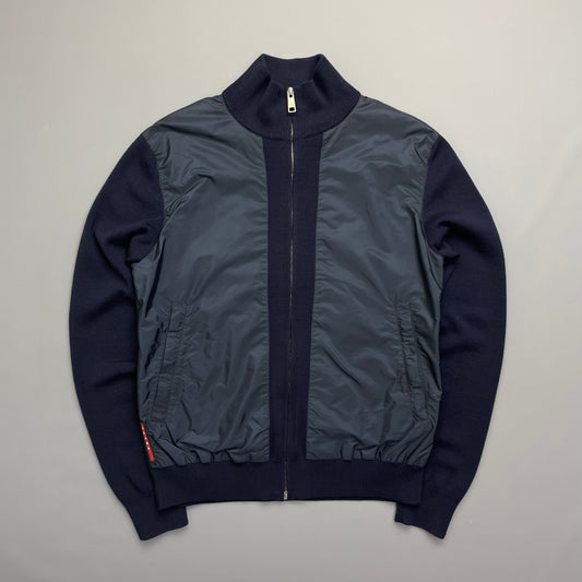 Prada Sport Navy Nylon Wool Knit Zip-Through Cardigan Jumper